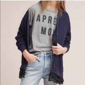 Anthropologie Lili's Closet Navy Heavy Knit Ribbed Grandpa Cardigan Crochet Hem